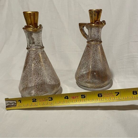 Hazel Atlas MCM vintage gold speckled glass set of 2 oil and vinegar cruets - Picture 8 of 10